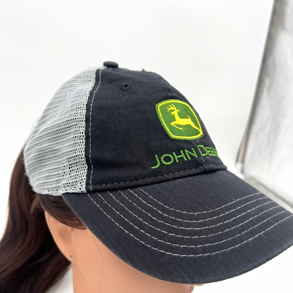 John Deere Black Trucker Hat Green Yellow Logo Mesh Back Adjustable Cap